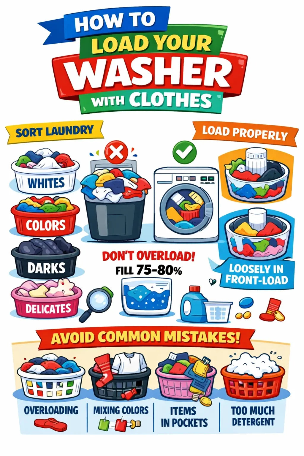 Clipart infographic showing how to load a washing machine properly, including sorting laundry, correct load size, front-load vs top-load techniques, and common mistakes like overloading and mixing colors