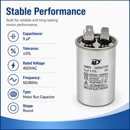 XPC5-450R 5 uF Round Run / Start Capacitor | CBB65 5 uF (MFD) 450 Volts  Parts-O-Matic