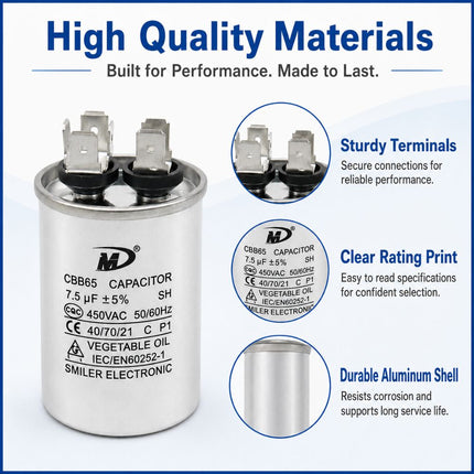 XPC75-450R 7.5 uF Round Run / Start Capacitor | CBB65 7.5 uF (MFD) 450 Volts  Parts-O-Matic