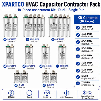 XPARTCO HVAC Capacitor Contractor Pack — 18-Piece Assortment Kit (Dual + Single Run)  Parts-O-Matic
