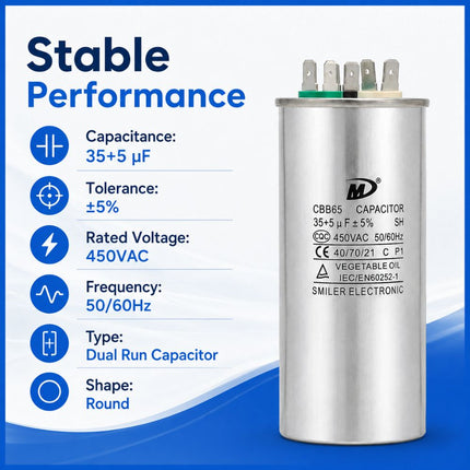 XPDC35X5-450R HVAC ROUND DUAL RUN CAPACITOR | 35+5 MFD 450 Volts  Parts-O-Matic
