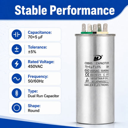 XPDC70X5-450R HVAC ROUND DUAL RUN CAPACITOR | 70+5 MFD 450 Volts  Parts-O-Matic